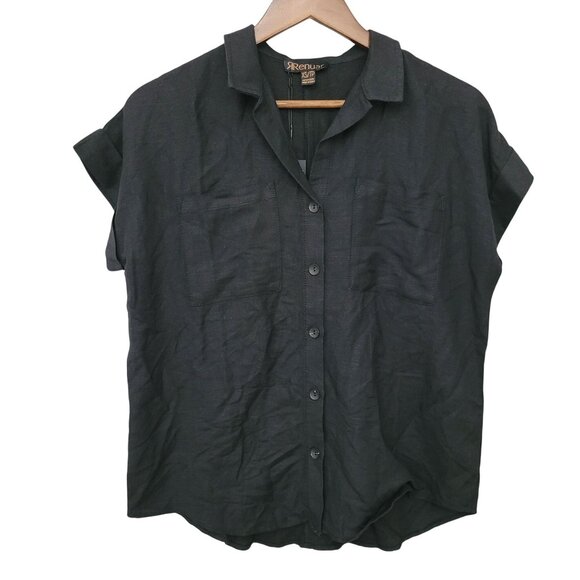 Renuar Linen Blend Short Sleeve Button-Up Shirt XS Black Lightweight Casual NWT - Picture 1 of 7